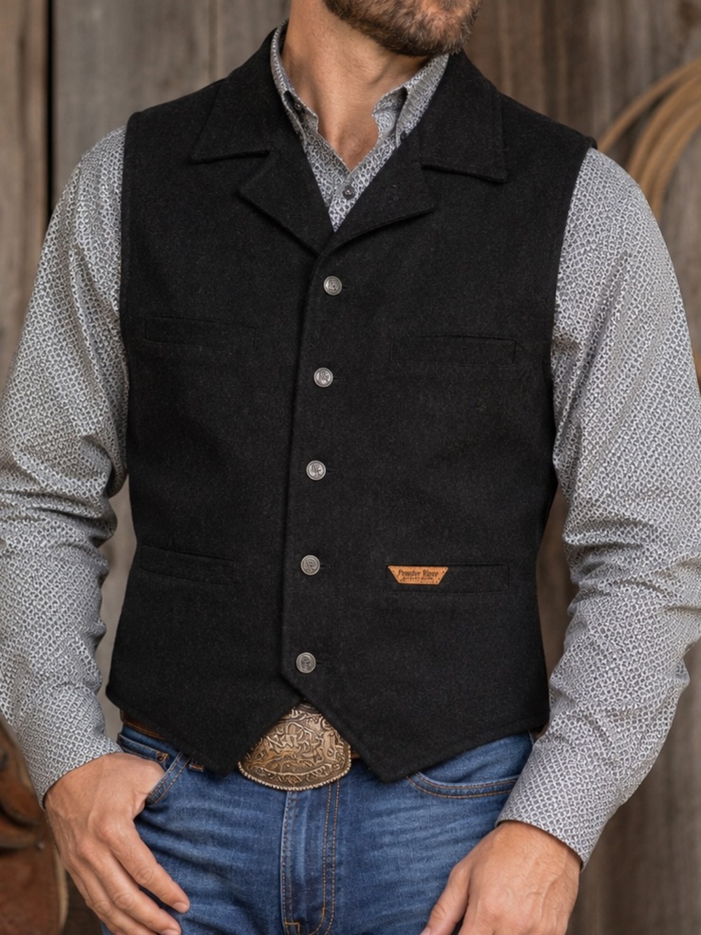 Powder River Outfitters Black Wool Western Ranch Vest Mens M Button Front